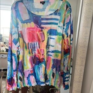 SHAN Artistic Pink and Blue Long Sleeve Blouse